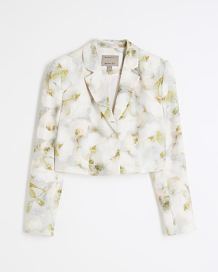 Grey Floral Cropped Boxy Blazer