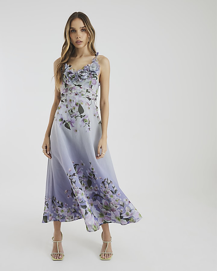 Purple 3D V-neck Floral Midi Dress