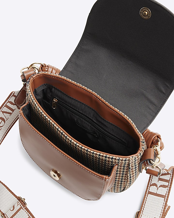 Brown Check Saddle Cross Body Bag