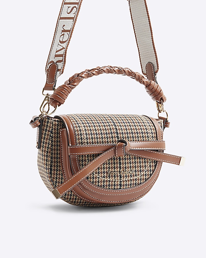 Brown Check Saddle Cross Body Bag