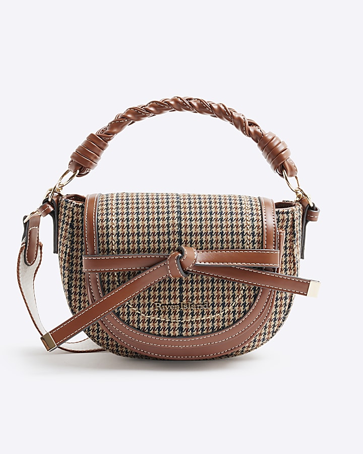 Brown Check Saddle Cross Body Bag