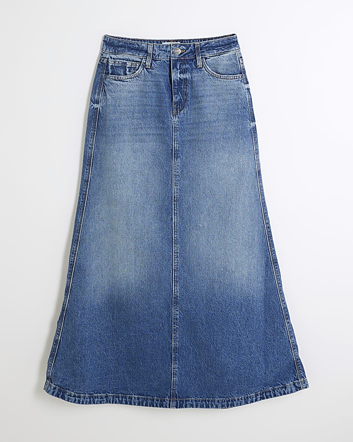 Blue Denim A-line Maxi Skirt