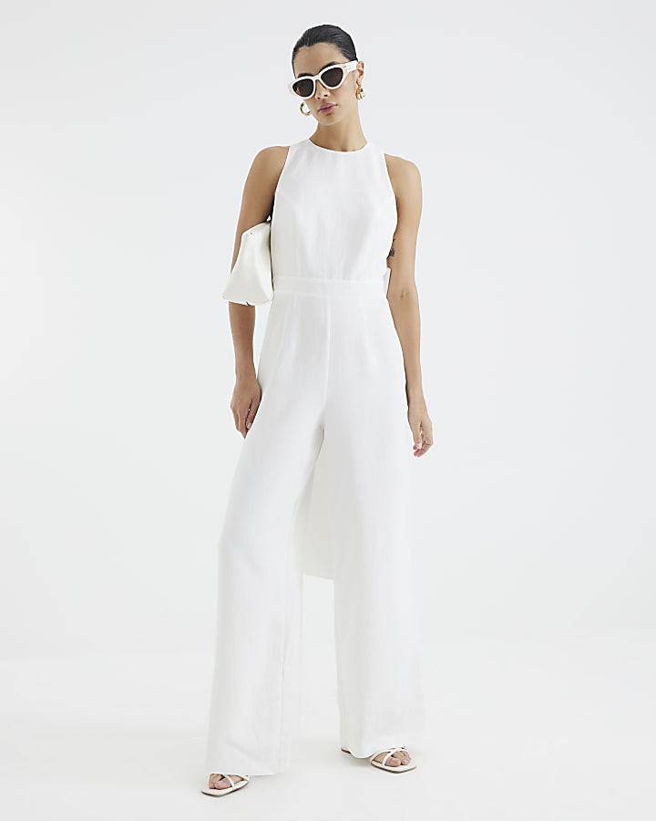 White Sleeveless Bow Back Jumpsuit