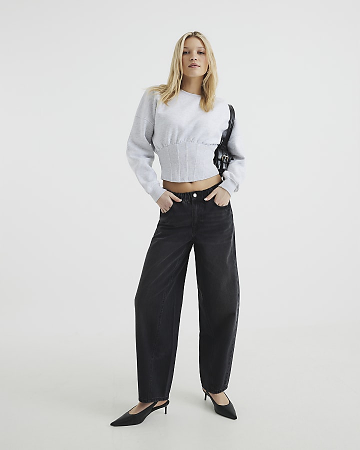 Black Elasticated Waist Barrel Jeans