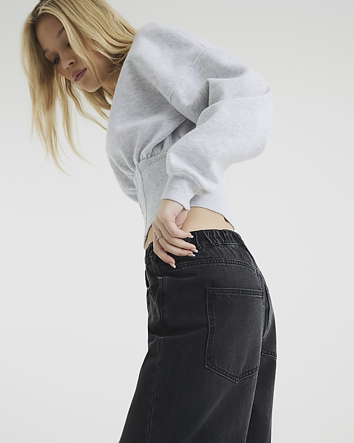 Black Elasticated Waist Barrel Jeans