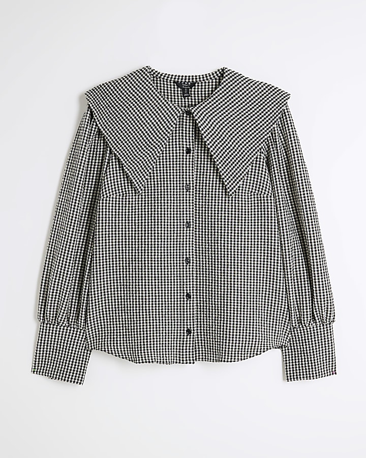 Black Gingham Large Collar Blouse