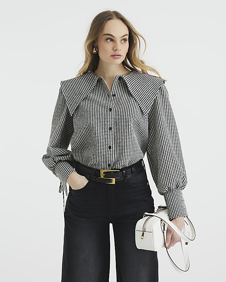 Black Gingham Large Collar Blouse