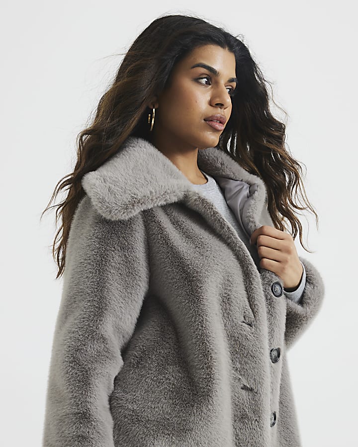 Grey Petite Faux Fur Button Up Midi Coat