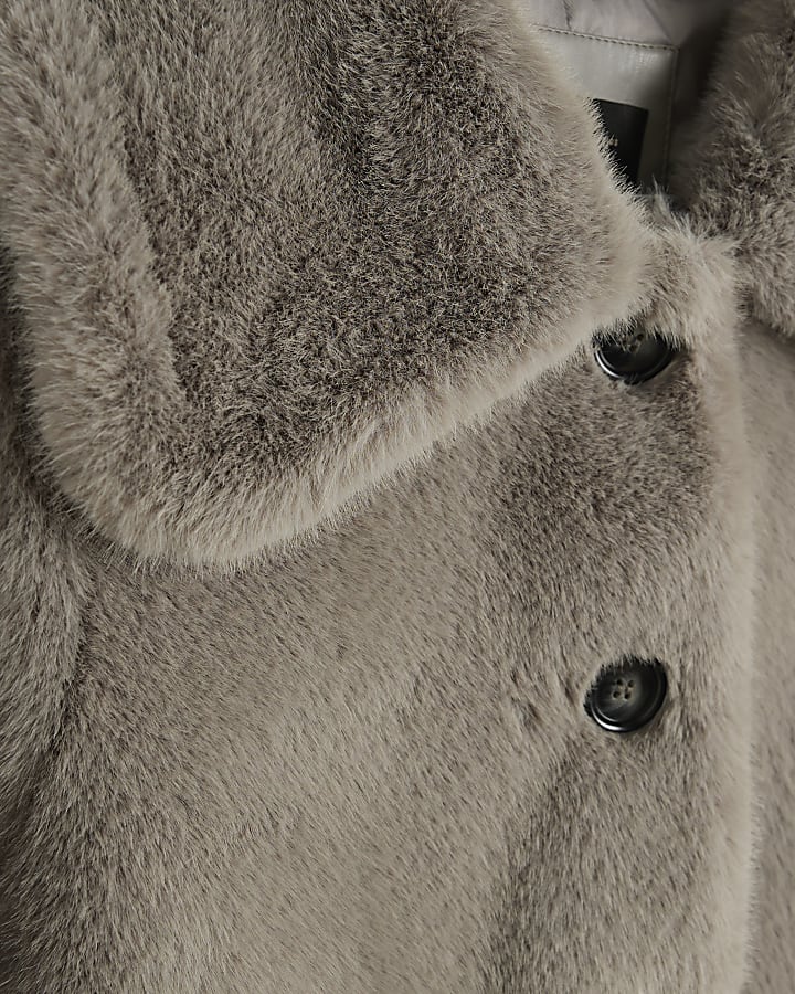 Grey Petite Faux Fur Button Up Midi Coat