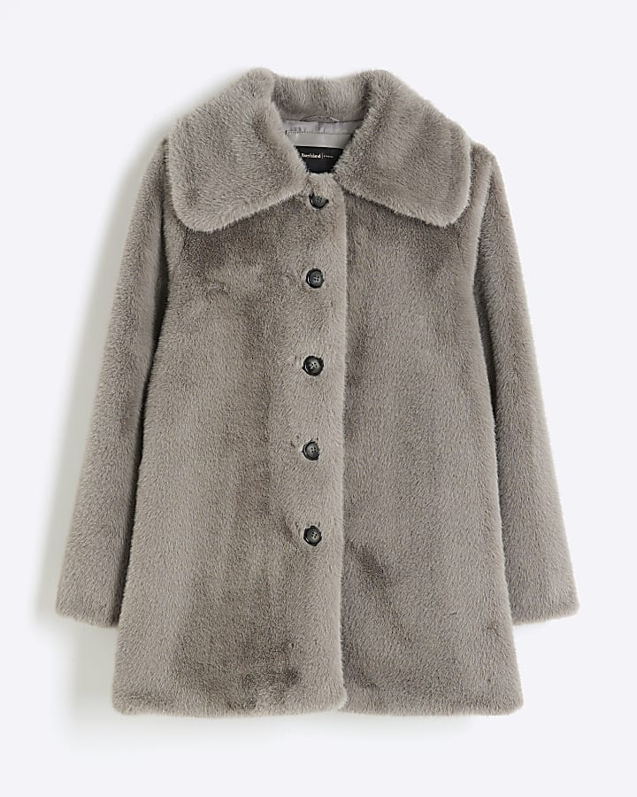 Grey Petite Faux Fur Button Up Midi Coat