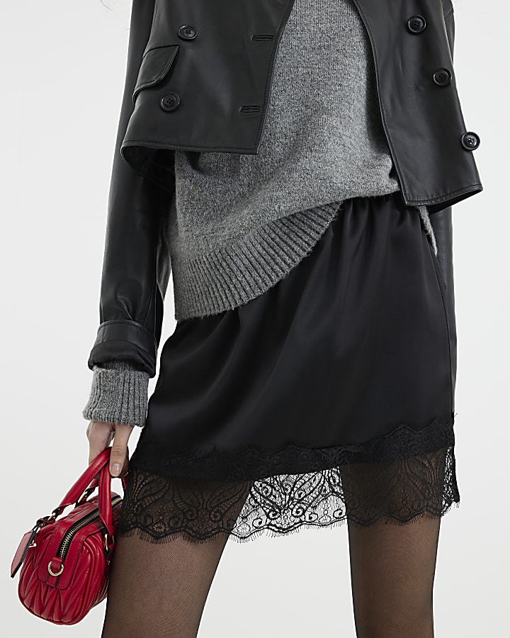 Black Lace Trim Mini Skirt