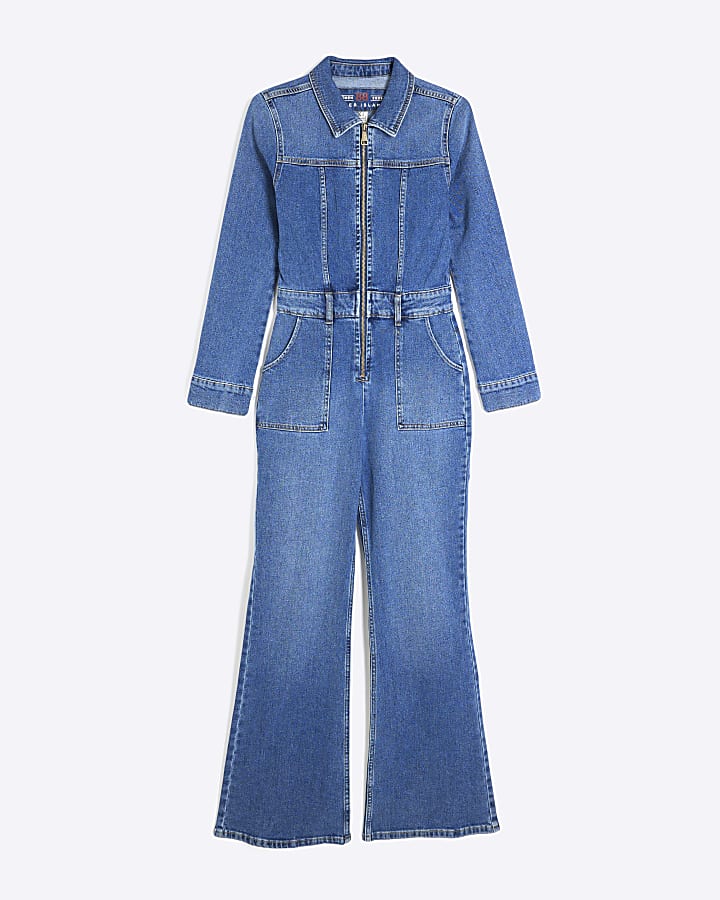 Petite Blue Denim Relaxed Flare Leg Jumpsuit