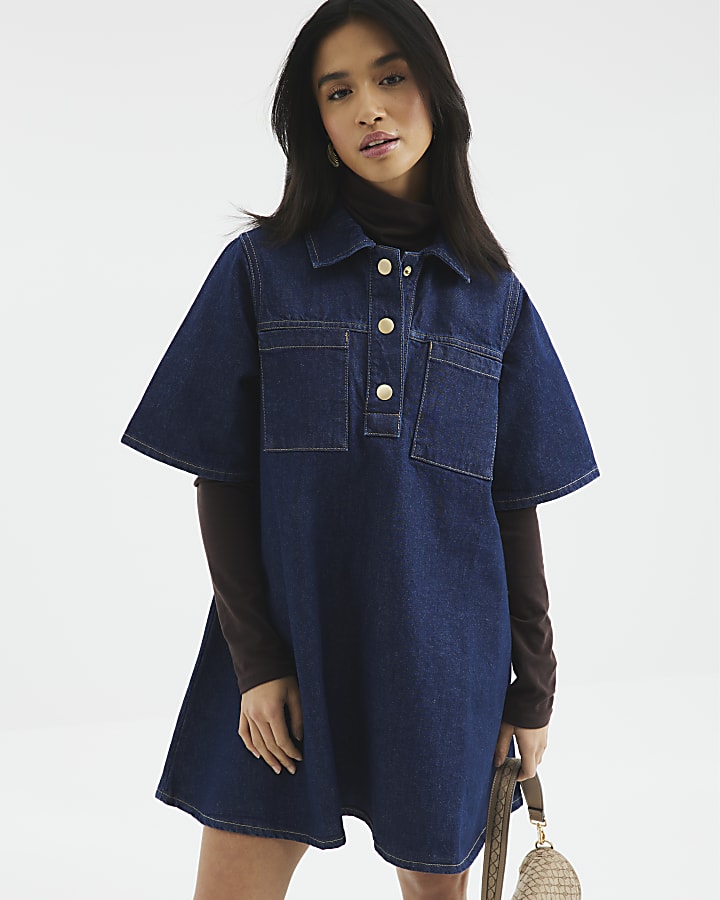 Petite Blue Denim Collared Shirt Dress