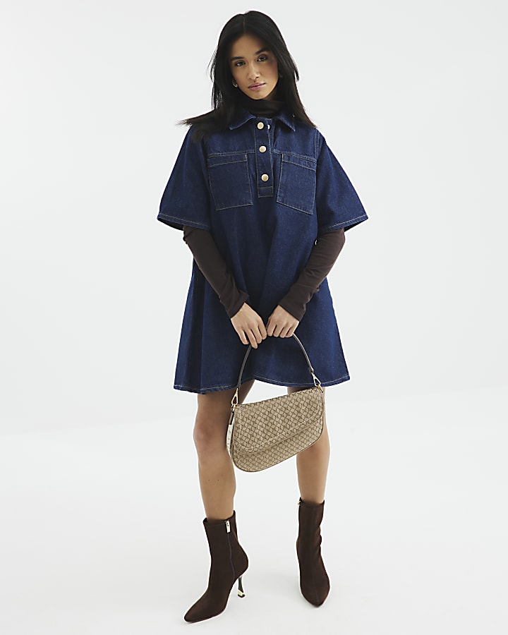 Petite Blue Denim Collared Shirt Dress