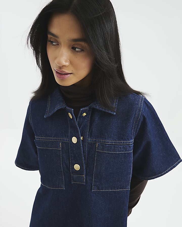 Petite Blue Denim Collared Shirt Dress