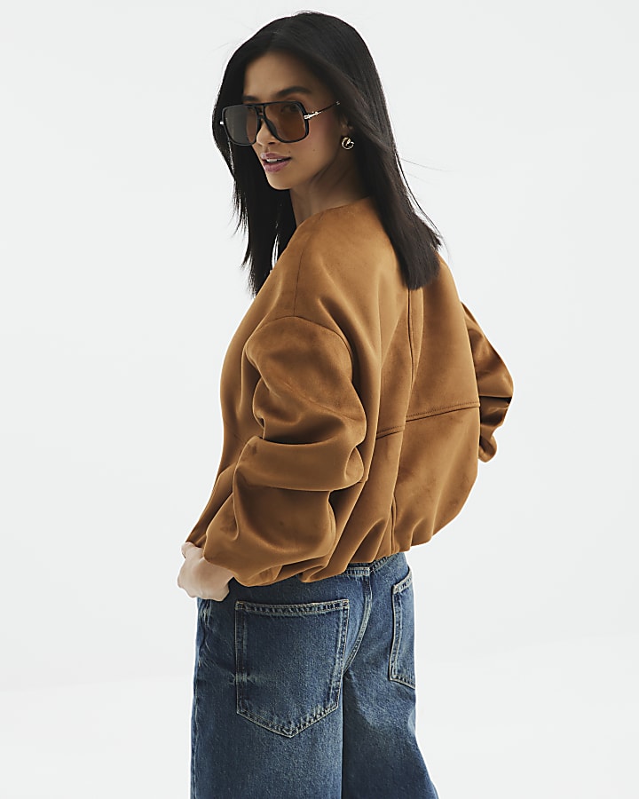 Petite Brown Faux Suede Bomber Jacket