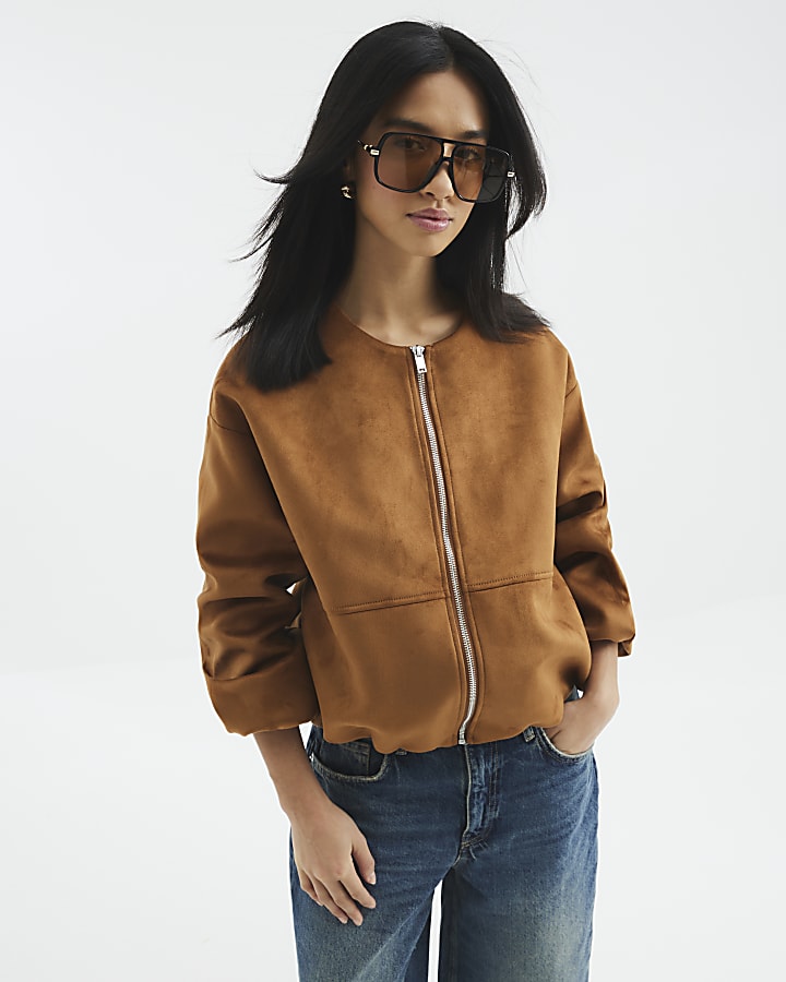 Petite Brown Faux Suede Bomber Jacket