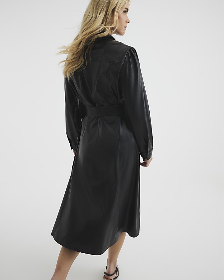 Petite Black Faux Leather Shirt Midi Dress