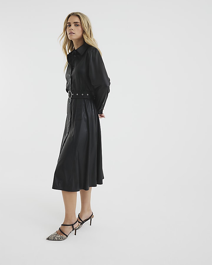 Petite Black Faux Leather Shirt Midi Dress