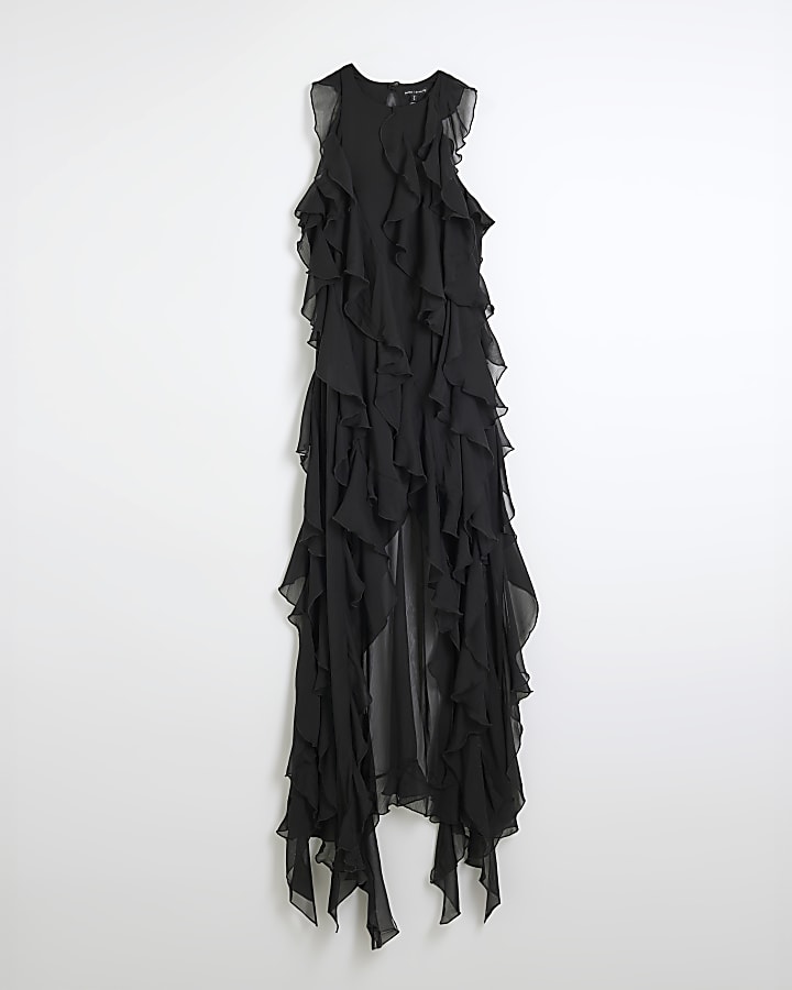 Black Ruffle Maxi Shift Dress