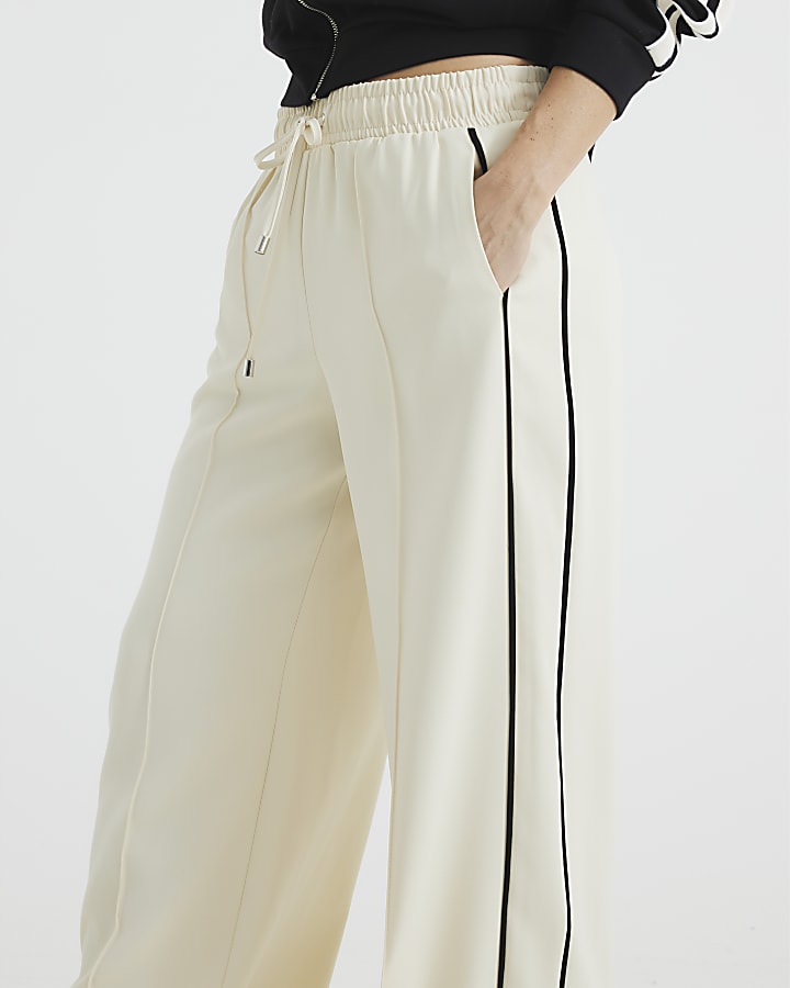 Cream Wide Leg Side Striped Joggers