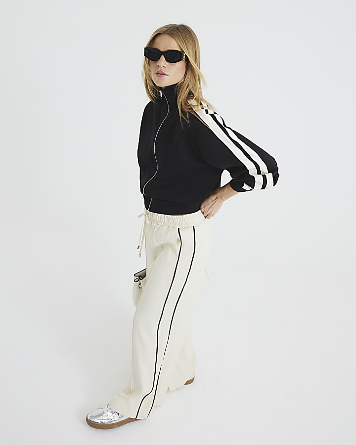 Cream Wide Leg Side Striped Joggers