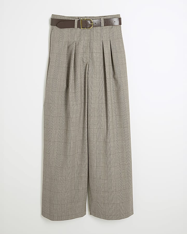 Brown Belted Check Wide Leg Trousers