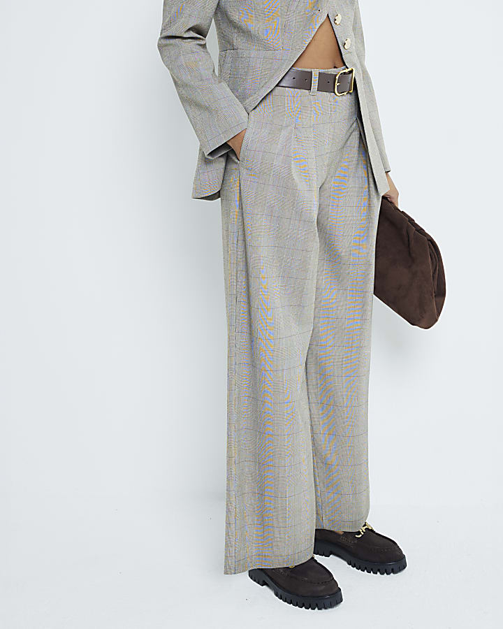 Brown Belted Check Wide Leg Trousers