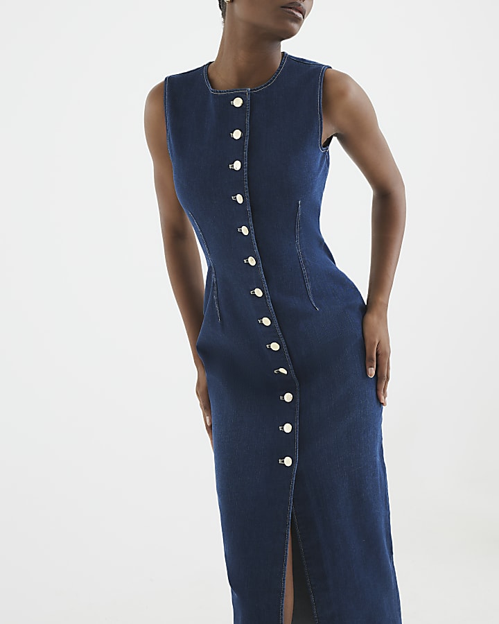 Blue Denim Button Front Midi Bodycon Dress