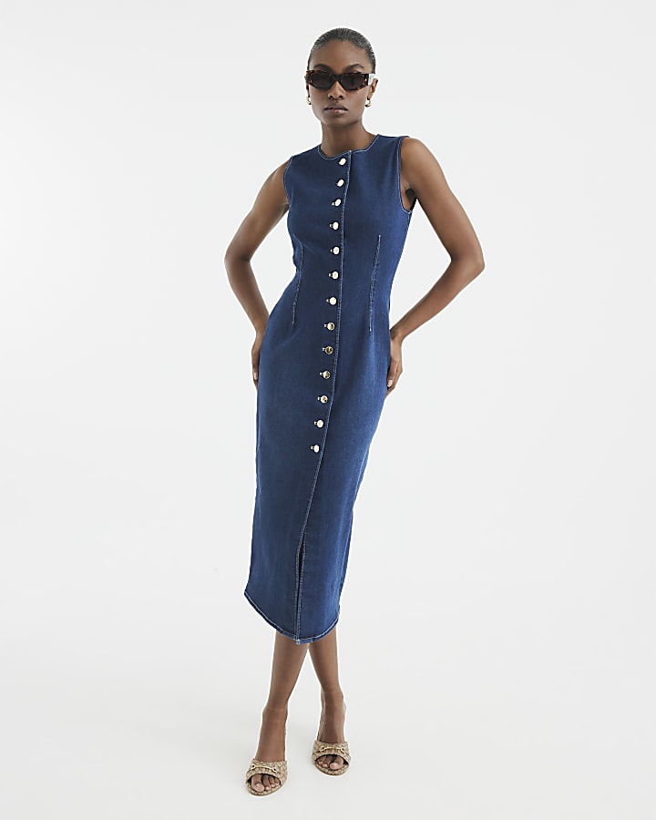 Blue Denim Button Front Midi Bodycon Dress