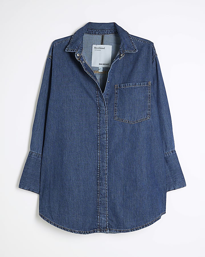 Blue Denim Deep Cuff Mini Shirt Dress