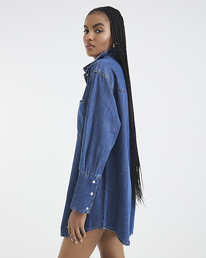 Blue Denim Deep Cuff Mini Shirt Dress