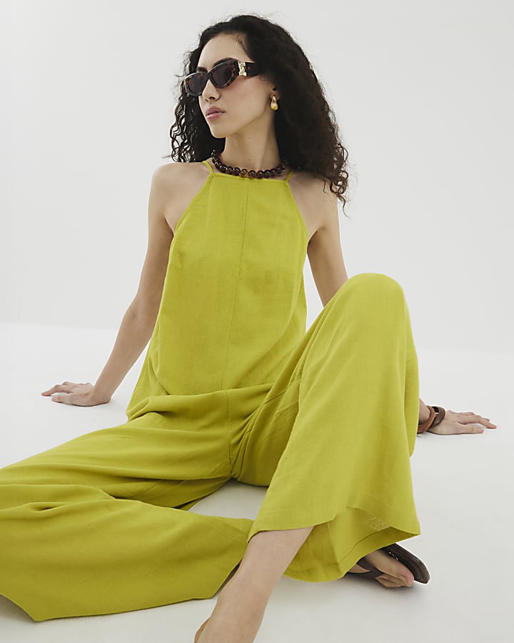 Lime Sleeveless Linen Blend Jumpsuit