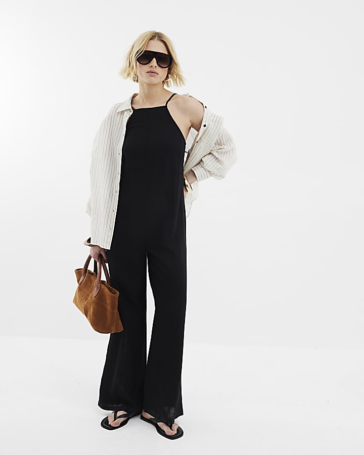 Black Sleeveless Linen Blend Jumpsuit