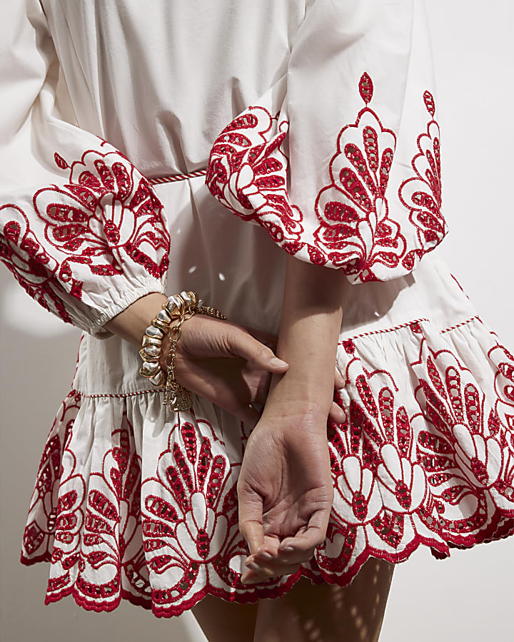 Red Long Sleeve Embroidered Shirt Dress