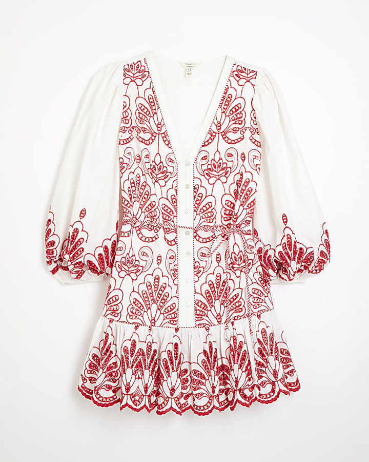 Red Long Sleeve Embroidered Shirt Dress