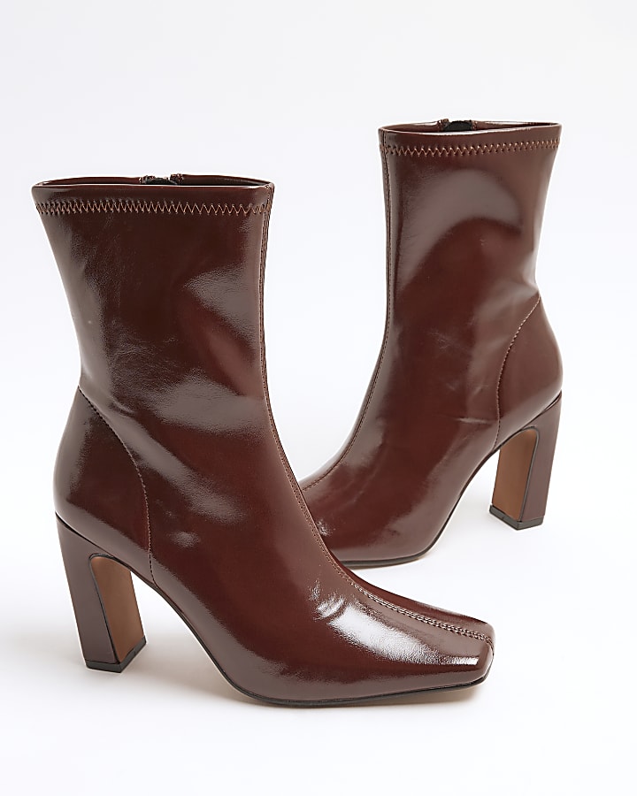 Brown Faux Leather Heeled Sock Boots