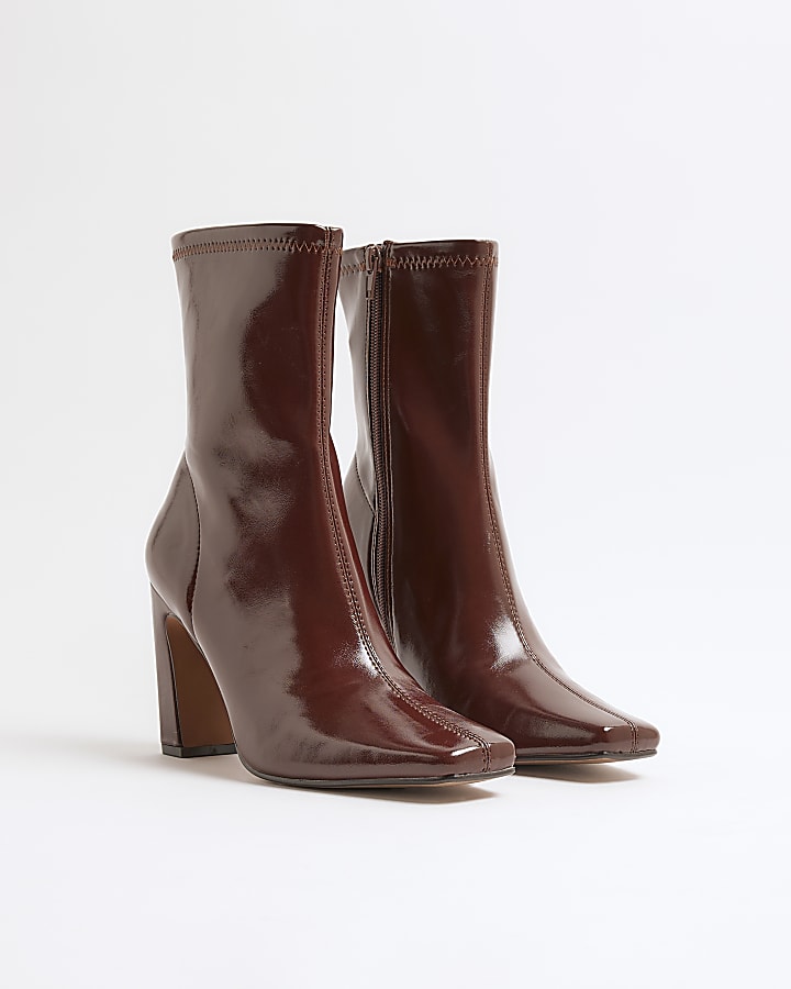 Brown Faux Leather Heeled Sock Boots