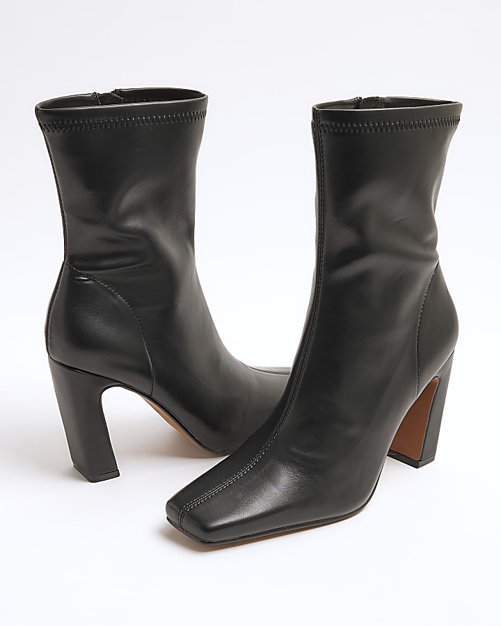 Black Faux Leather Heeled Sock Boots