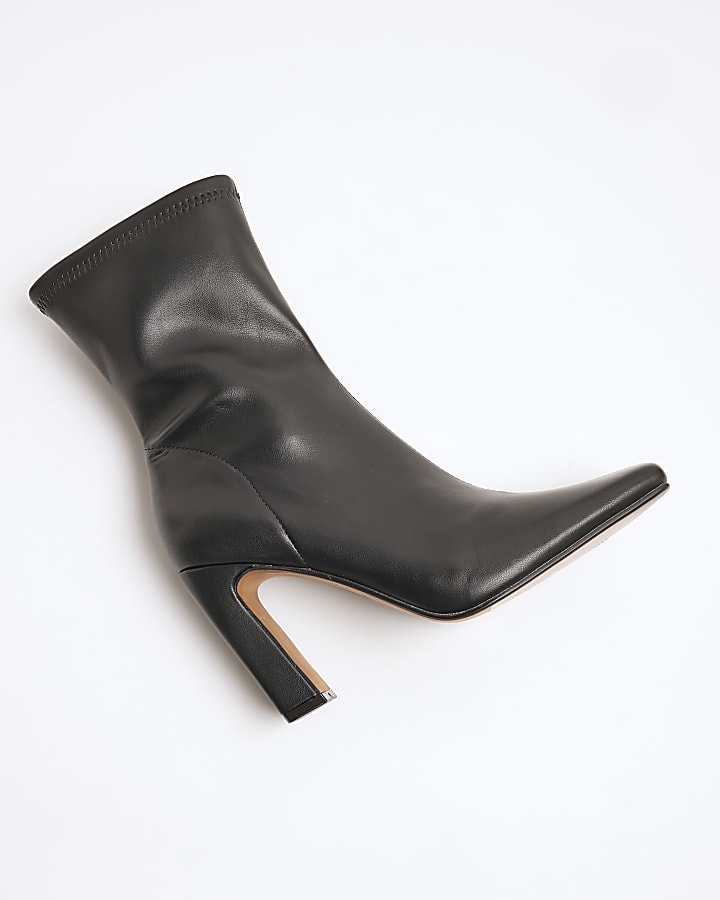 Black Faux Leather Heeled Sock Boots