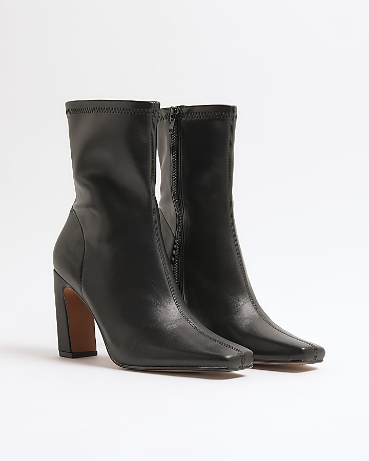 Black Faux Leather Heeled Sock Boots