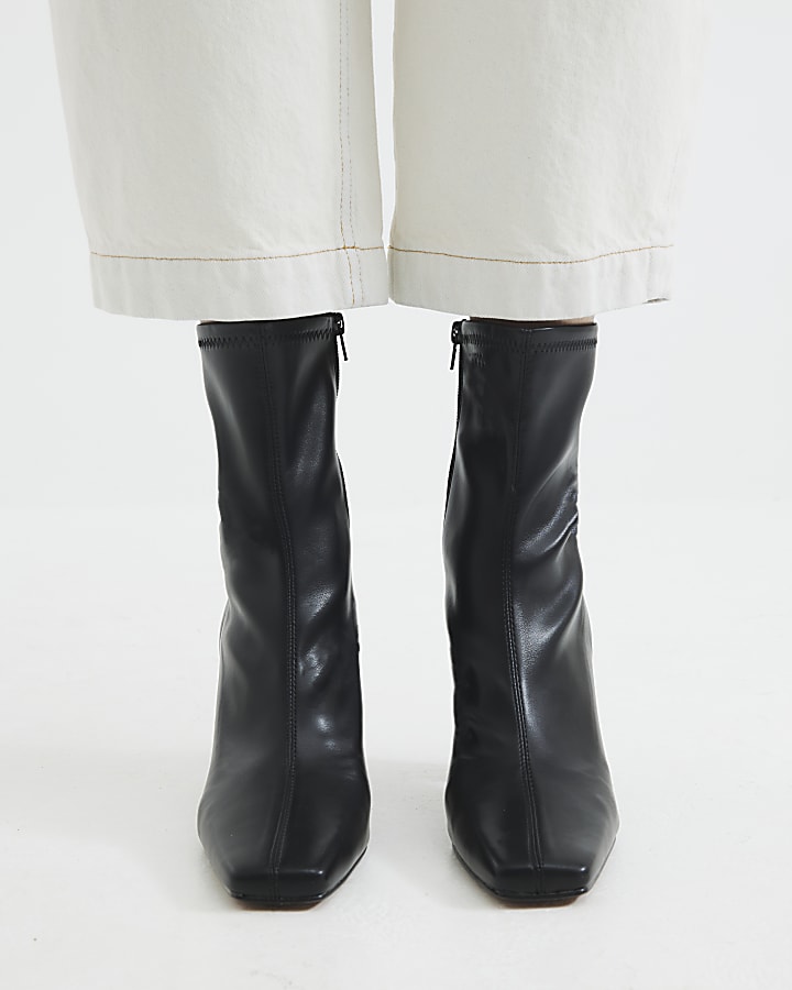 Black Faux Leather Heeled Sock Boots