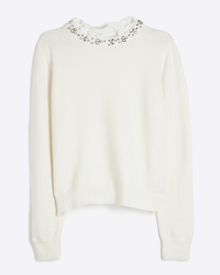 Cream Embellished Collar Sweater