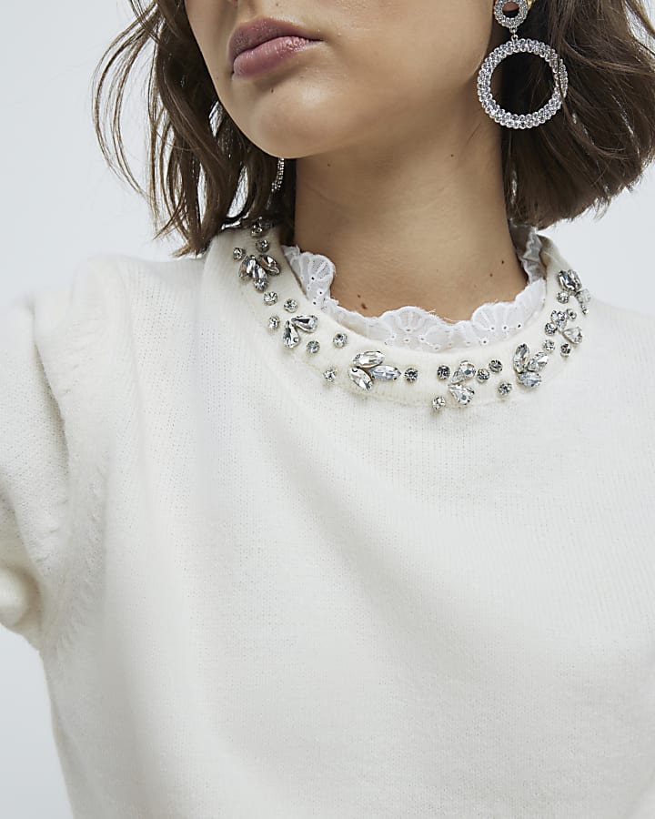 Cream Embellished Collar Sweater