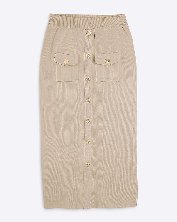 Beige Knitted Pocket Slit Front Skirt