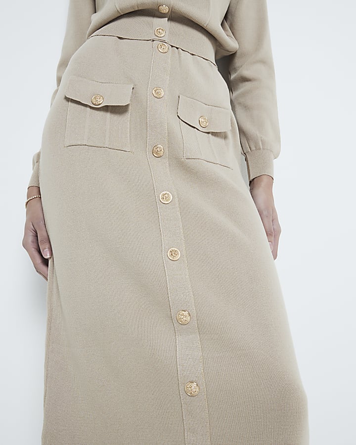 Beige Knitted Pocket Slit Front Skirt