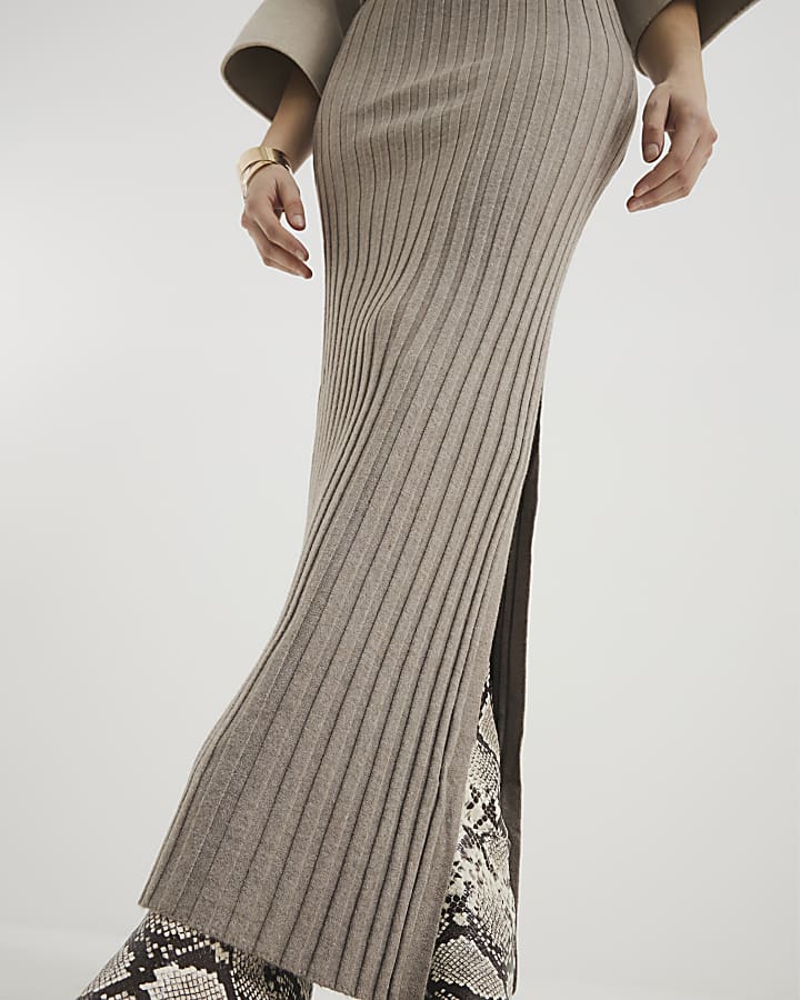 Beige Ribbed Maxi Split Skirt