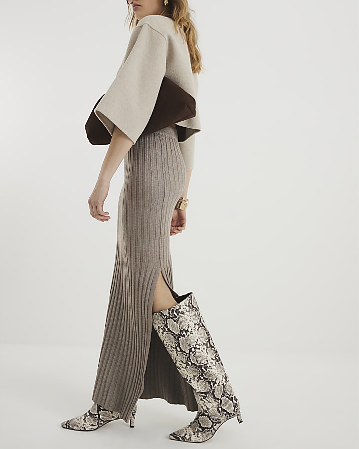 Beige Ribbed Maxi Split Skirt