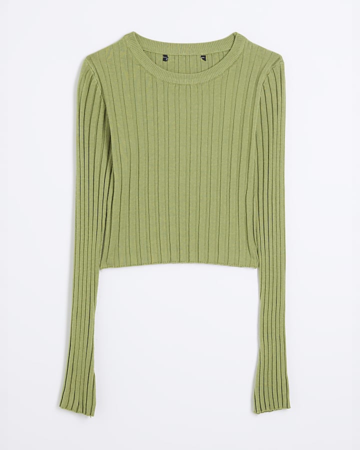 Green Long Sleeved Ribbed Crop Top