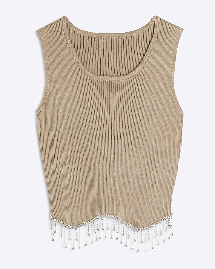 Beige Sleeveless Embellish Hem Vest